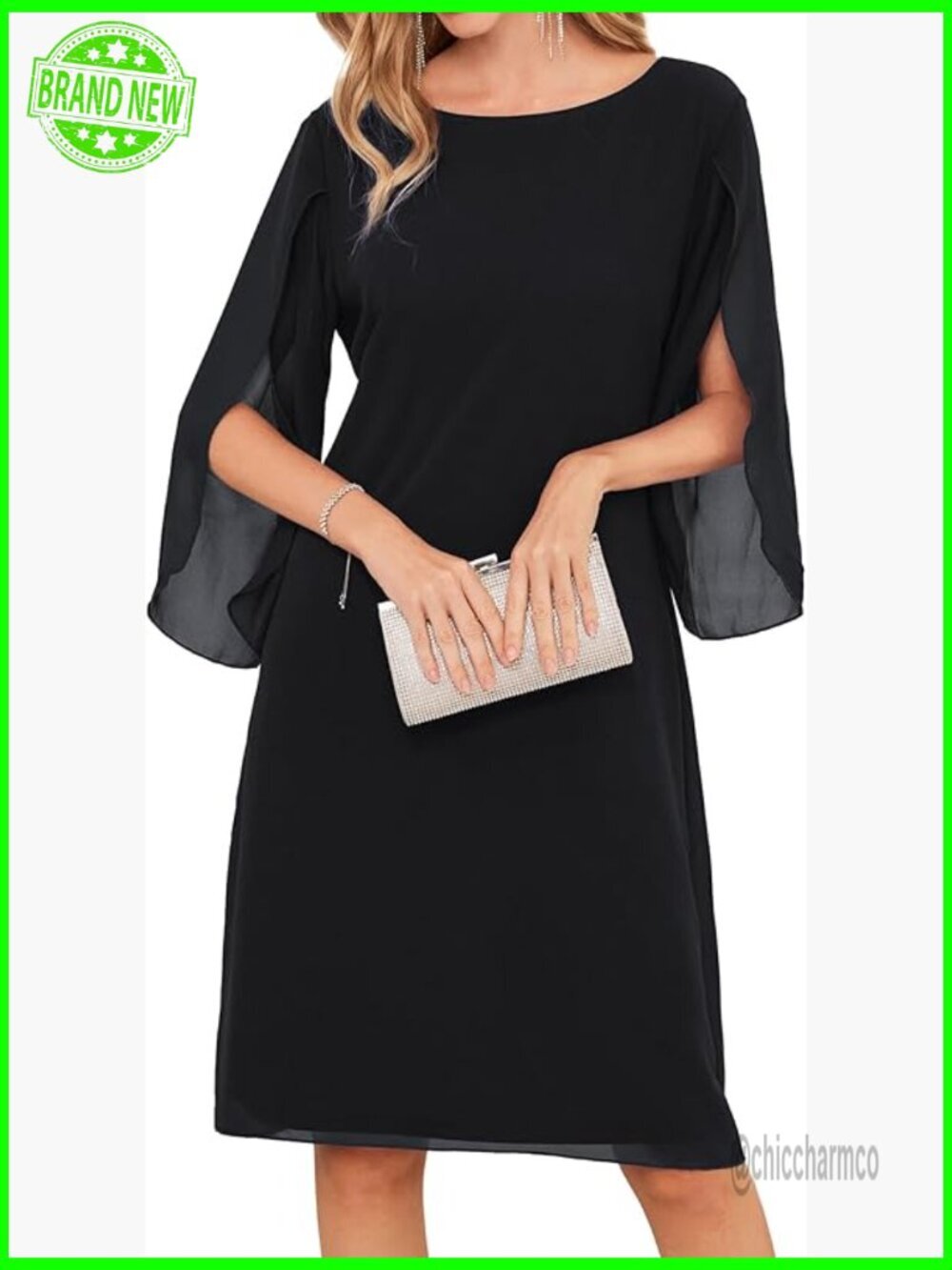 Chiffon Cocktail Dress with 3/4 Sleeves for Wedding Guest Formal Events